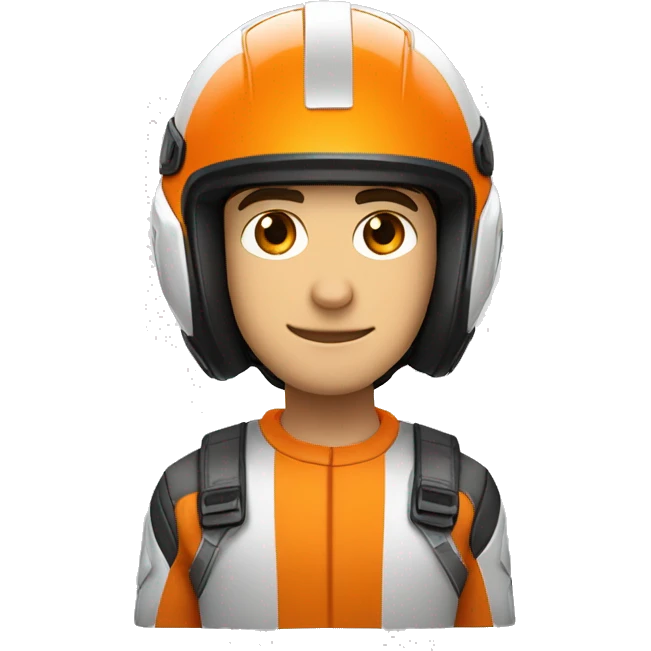 Un jeune homme au teint humain portant un casque de moto de couleur orange et blanc avec la vitre ouverte emoji