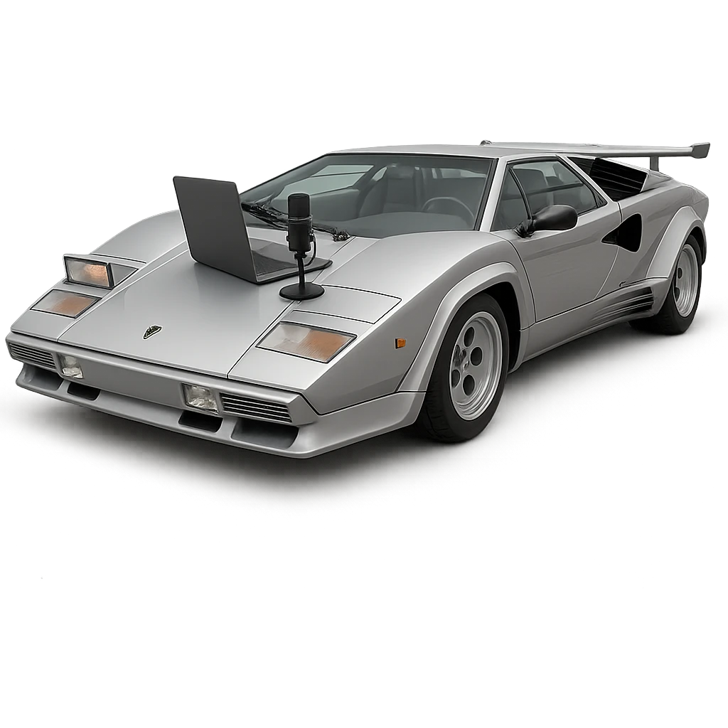 Lamborghini Countach with a laptop and recording microphone on the hood emoji