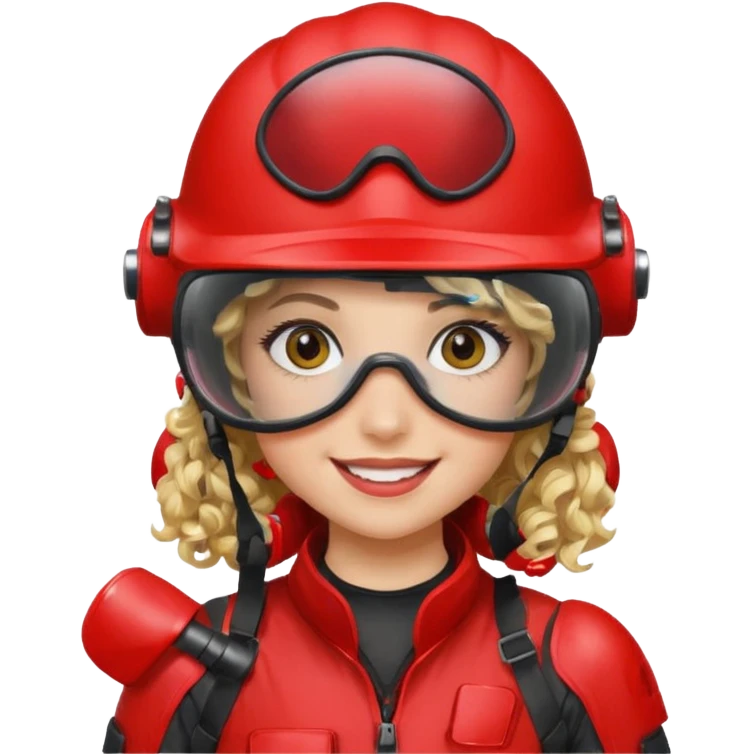 blond curly girl playing paintball with red paintball helmet with eye protection, only face emoji
