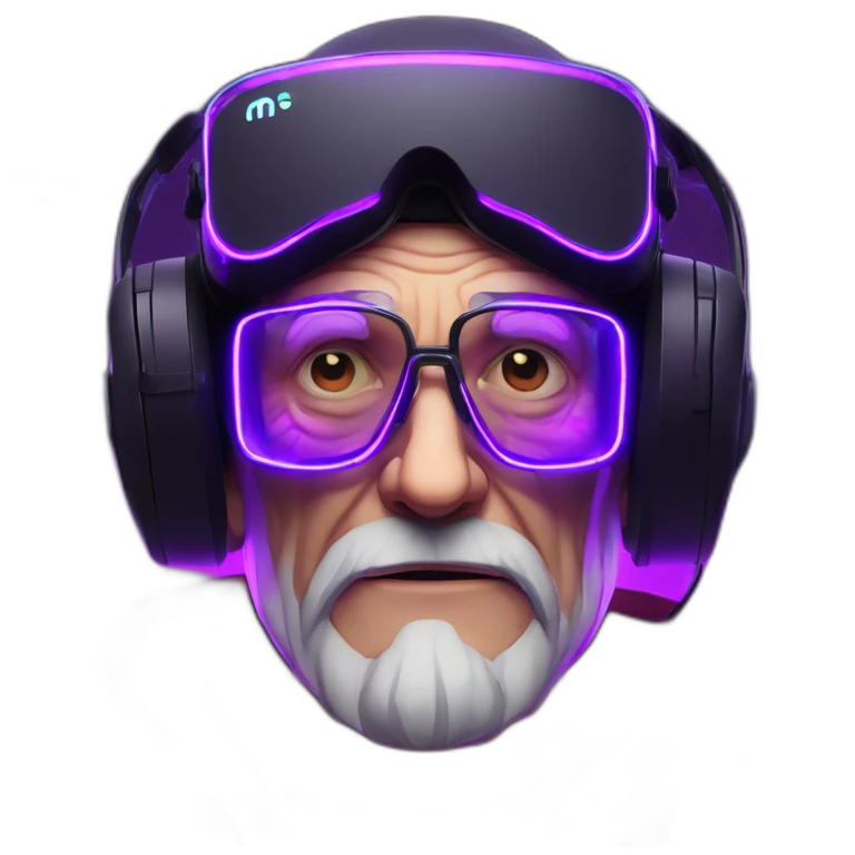 Russian old man wearing a black hoodie with "OMG" letters on it and VR headset in a cyberpunk VR environment with violet neon lighting. emoji