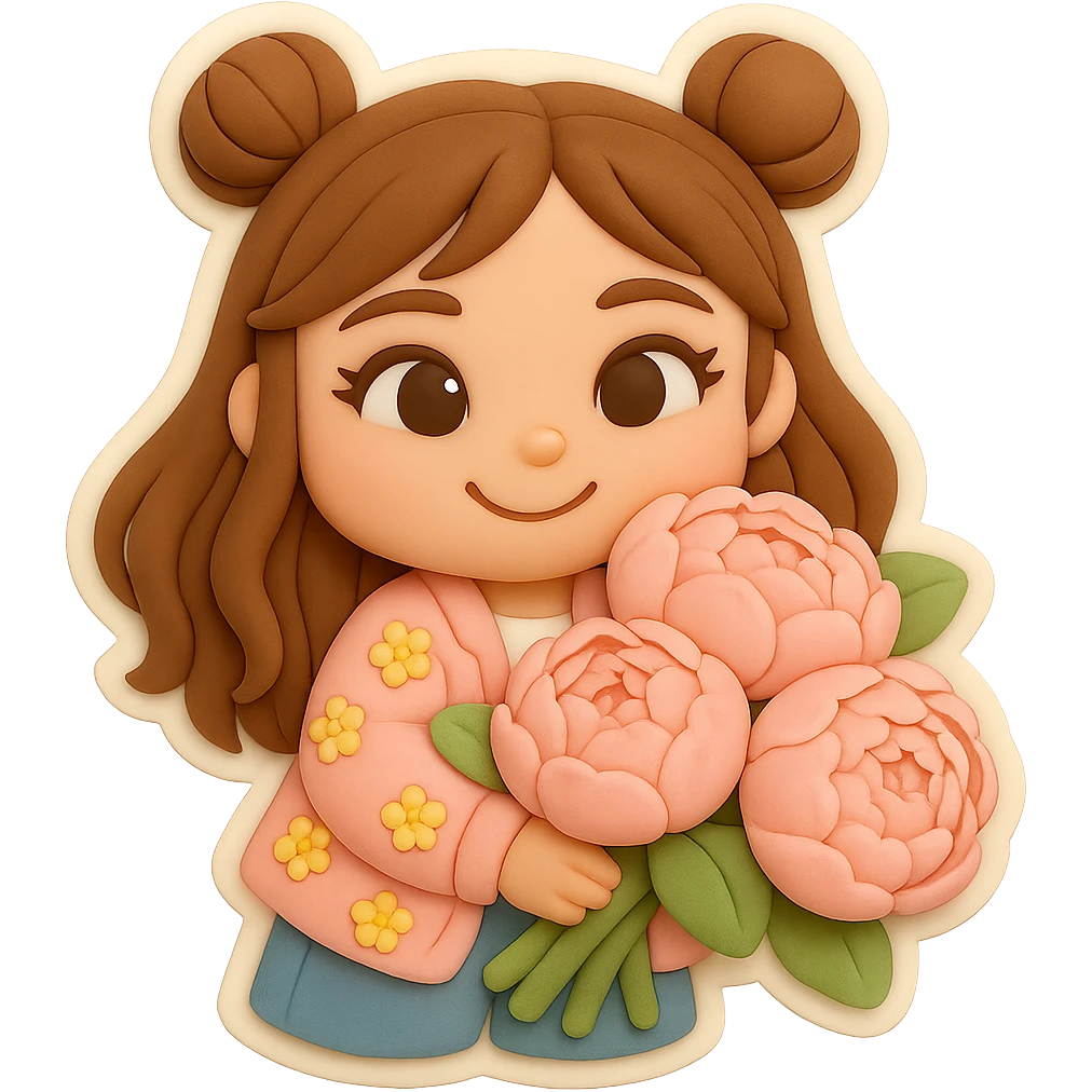 Create a 3D chibi fondant cake art style image of a girl based on the reference image. Preserve the facial features and eye shape exactly as in the reference. She has long brown hair styled in two space buns and brown eyes. The girl is smiling happily and holding a bouquet of large soft pink peonies, matching the flowers from the previous sticker. Include a thick white outline like a sticker and ensure the background is transparent. emoji