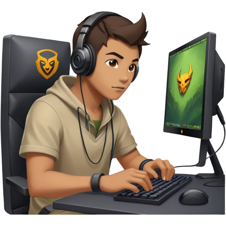 gamer with headphones playing Dota 2, focused on computer screen emoji