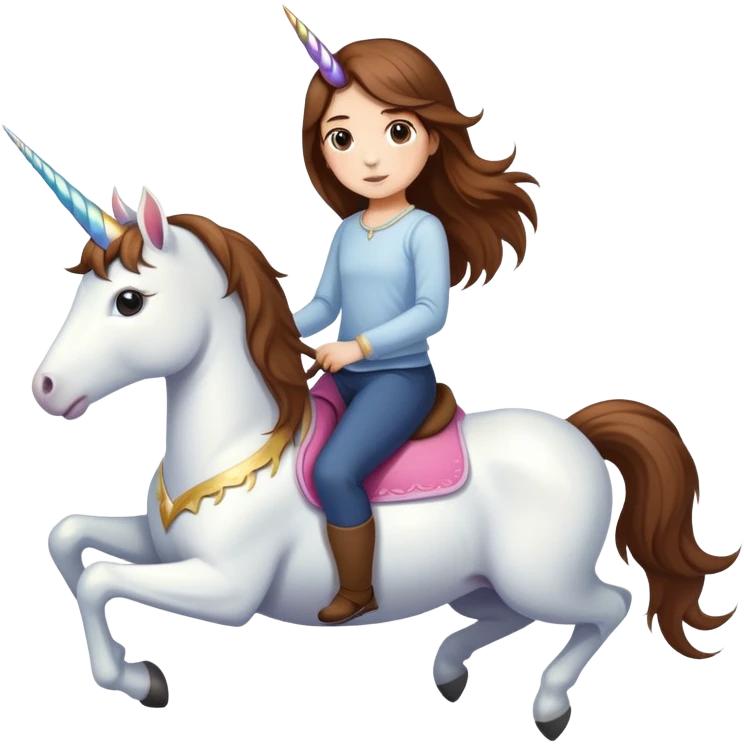 short girl with long brown hair riding a unicorn emoji