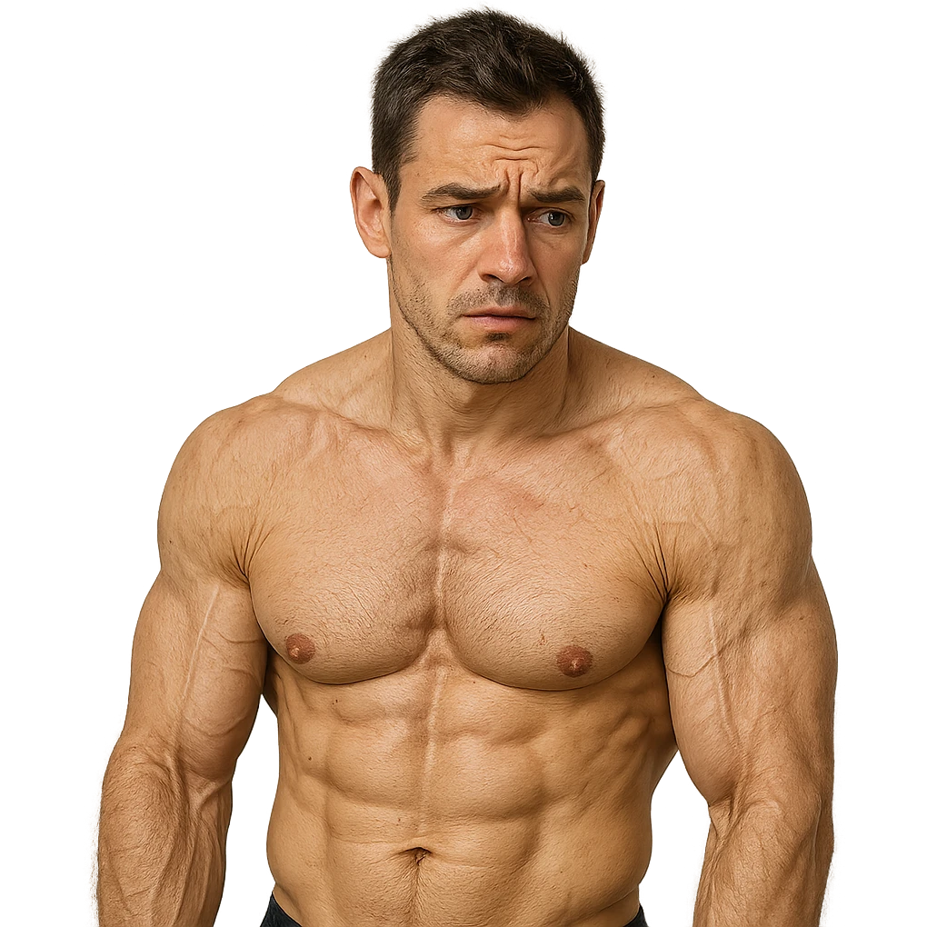 young bodybuilder with declining collagen levels, hyper realistic style, visible muscles but less elastic skin on arms, worried expression, realistic details, neutral atmosphere emoji