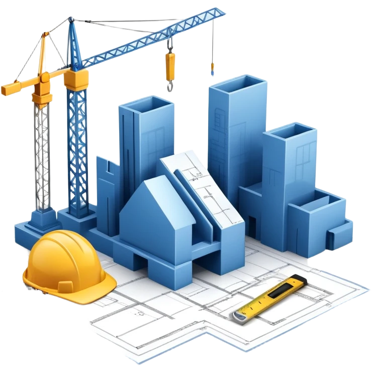 An icon featuring a blueprint, a hard hat, and a measuring tape, symbolizing architecture and construction. The design includes a building silhouette, cranes, and construction tools, representing the planning, design, and building processes. Transparent background. emoji