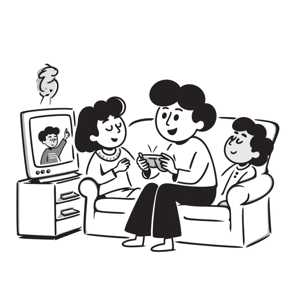 A person plays with the GameCube on tv with friends, sitting in the couch emoji
