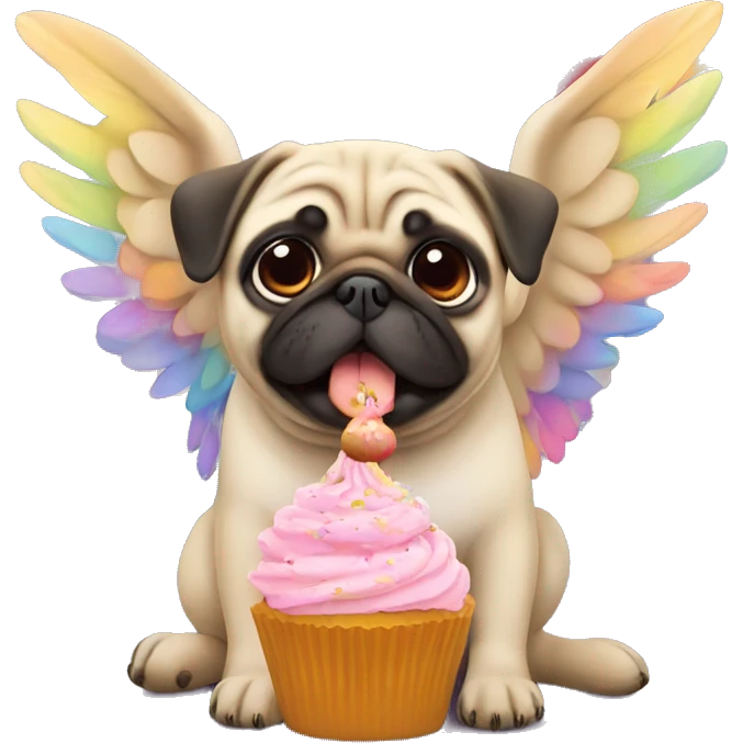 Pug on a rainbow eating a cupcake with wings  emoji