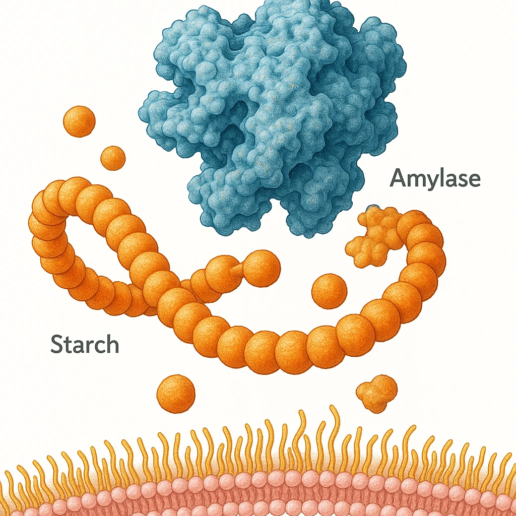Ultra-detailed illustration of enzyme digestion: amylase breaking starch into sugars near a cell membrane. Clean white background, no text. Scientific but simple emoji
