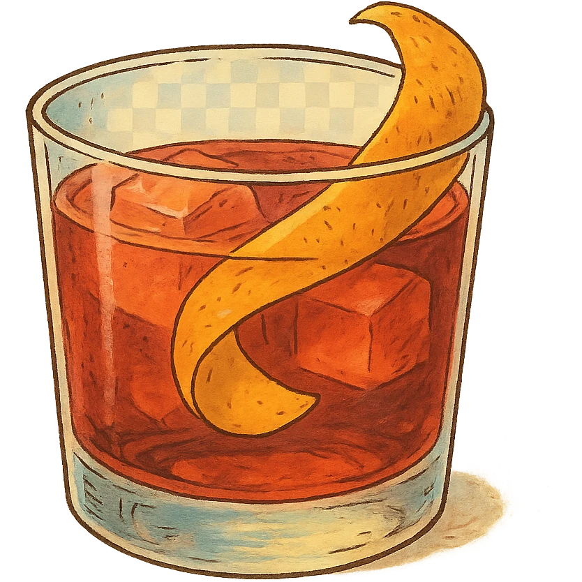 ghibli style negroni cocktail glass with orange peel emoji