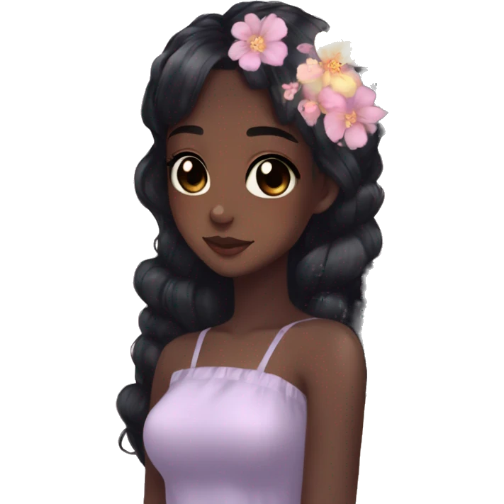 Gorgeous black hair Pastel Anime-Style dark skin Lady Butterflies flower petals kawaii aesthetic trending style emoji