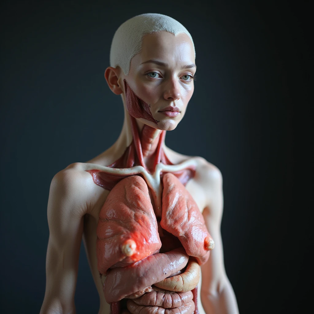 hyperrealistic anatomical woman with translucent skin showing internal inflammation with red areas on organs and muscles, thin and debilitated appearance, fatigued expression, clinical atmosphere, 4K details emoji