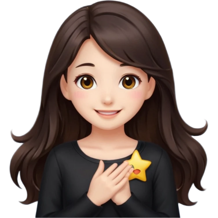 kawaii streamer girl, brunette, brown eyes, long dark hair, black outfit, smiling, sparkling eyes, blushing cheeks, happy expression, small stars around, emoji icon emoji