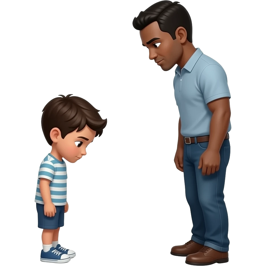 petit garçon peau noir tête baissé, face à un homme noir, on les voit de la tête aux pieds emoji