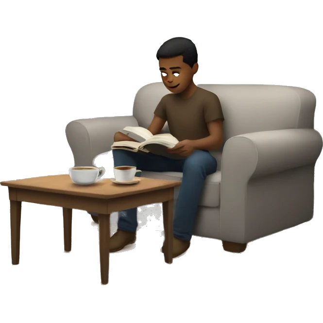 A white boy reading at a coffee table with a cup of coffee next to him emoji