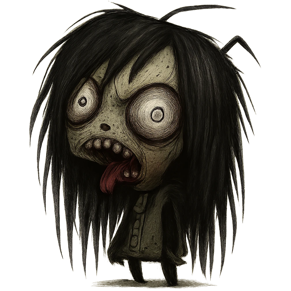 GIR as a zombie with long black hair, emo style, shaggy and dark, creepy expression emoji
