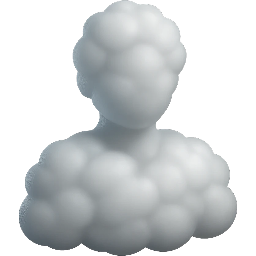 shoulder-up person fully made of white fluffy convex clouds, matte glass style emoji