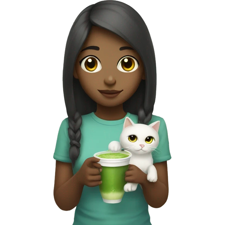 Cute girl holding a cat and cup of iced matcha  emoji