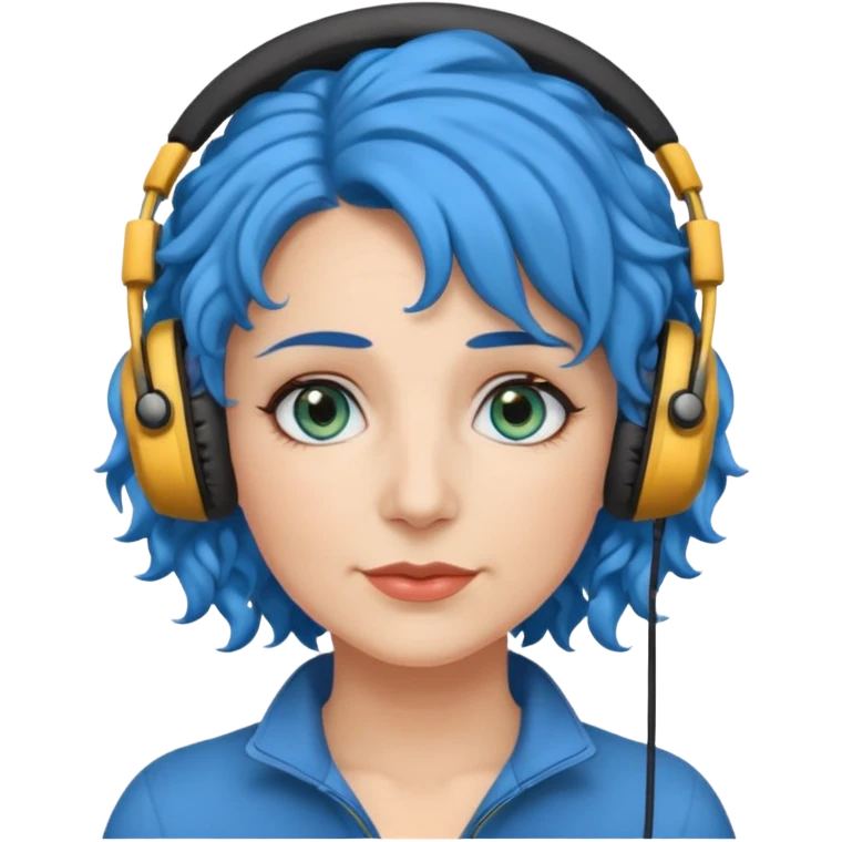 blue haired earringed heaphone wearing middle aged woman very very curly long haired and hazel eyes emoji