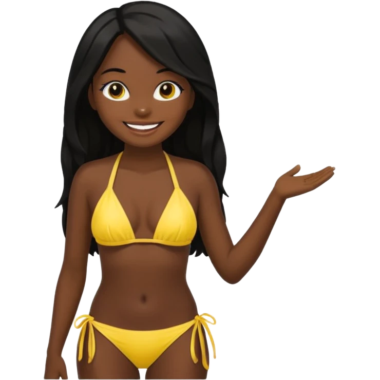 Dark black skin, african girl, long black hair, yellow bikini smiling, full body, posing emoji