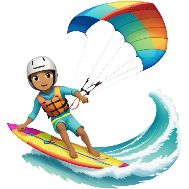 A vibrant kite soaring high in the sky, attached to a kiteboarder riding the waves below. The scene is filled with bright colors, capturing the energy of the sport. The background features the ocean, wind-blown waves, and a clear sky, showcasing the excitement and freedom of kiting. emoji