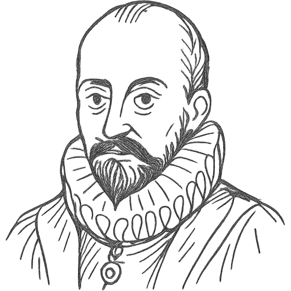 a hand drawn black outline portrait of philosopher Montaigne with similar-sized eyes based a famous portrait of him emoji