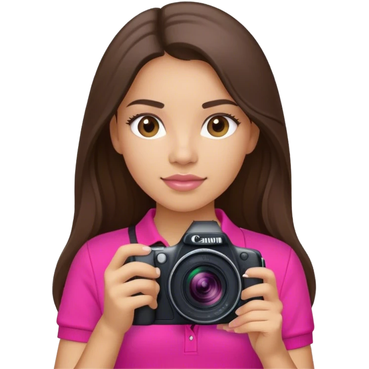 latin girl photographer with long brunette hair hot pink polo shirt and Canon camera emoji