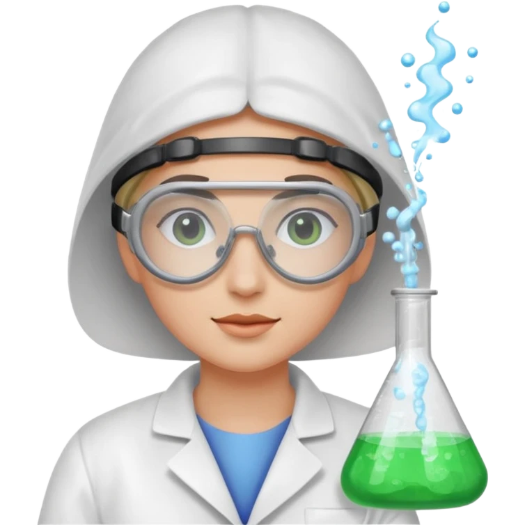 A person wearing safety goggles and a white coat is experimenting with chemicals. emoji
