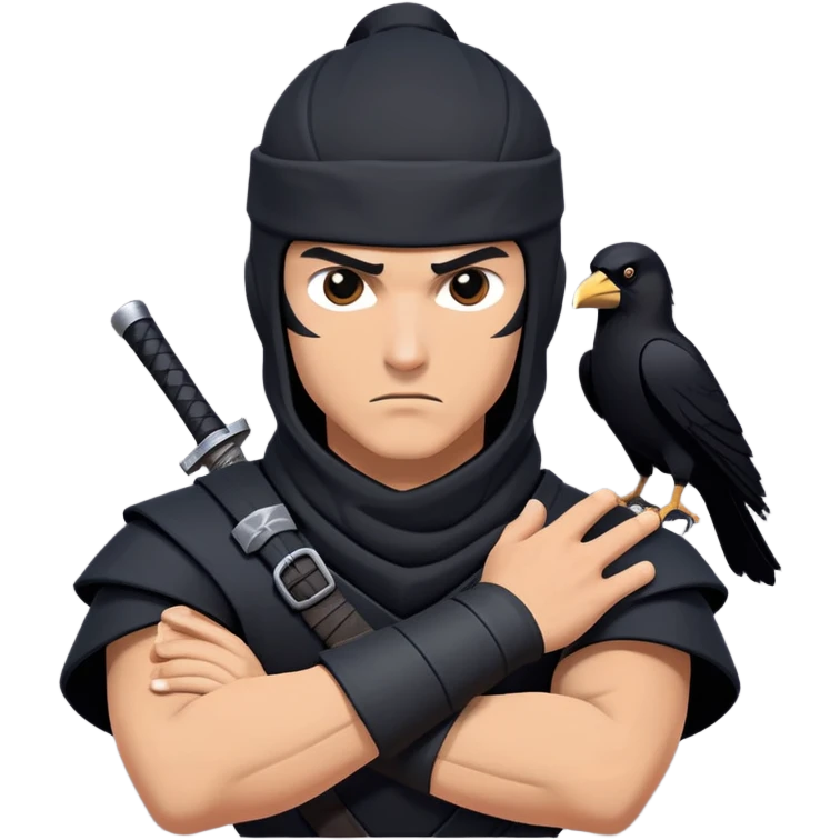 clash-of-clans-aesthetic_-cinematic-mysterious-male-ninja-portrait-emoji, rendered in a flat, vector-style with minimal shading and bold, simplified shapes, with a head slightly turned revealing intense, focused eyes. the ninja has his arm out and perched on top of his forarm is  a  giant black crow emoji