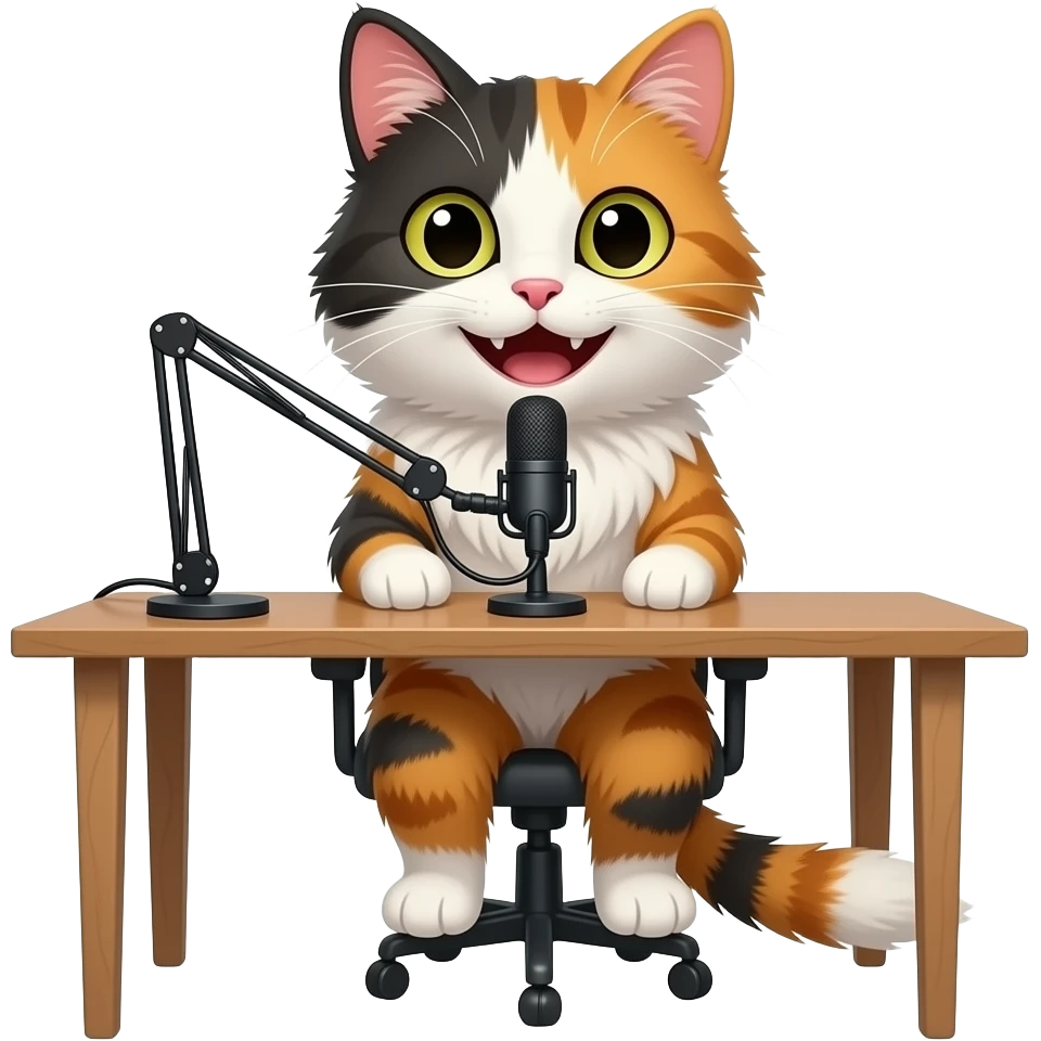 smiling extremely long-haired calico cat podcaster at desk emoji