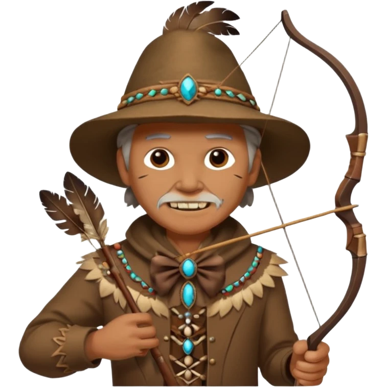 The classic image of a middle-aged uncle hunter carrying a bow, dressed in brown clothes, with some ornaments made of feathers, bones or teeth on his body. emoji