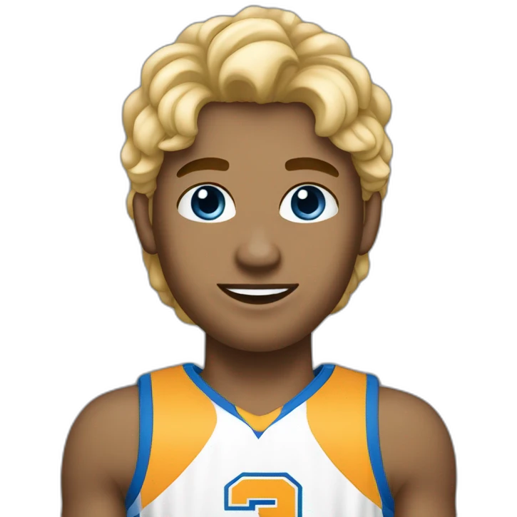 Garçon cheveux long, blond, yeux bleu qui fait du basketball emoji