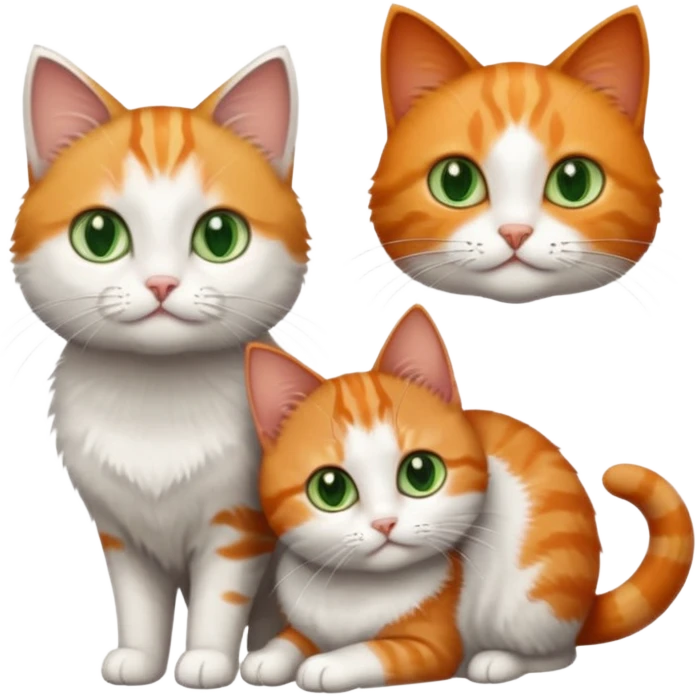 3 tiny different coloured short haired cats including a dark grey and white cat with green eyes, a ginger and white with orange eyes and a brown tabby and white with hazel eyes emoji