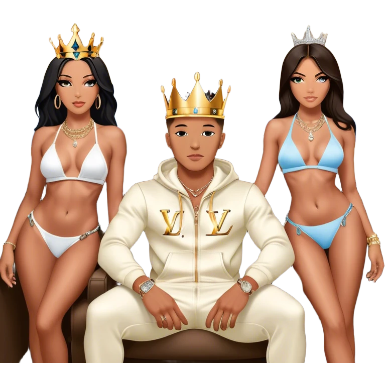 A man Josh King Madrid wearing Louis Vuitton Sweatsuit—also known as JetSet—relaxing in a private jet. He’s sporting a gleaming crown and piles of diamond chains that catch the sunlight. The plane windows are open, revealing puffy white clouds just beyond. Next to him is Three stunning Fitness bikini models—Tefi Valenzuela, Narmin Assiria, and Jessica Cribbon—gather around him.  emoji