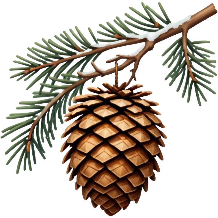 A snowy Spruce pinecone hanging from branch  emoji