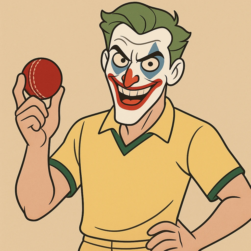 joker in clown makeup, dressed as a cricket player in a yellow jersey, holding a cricket ball, cartoon style emoji