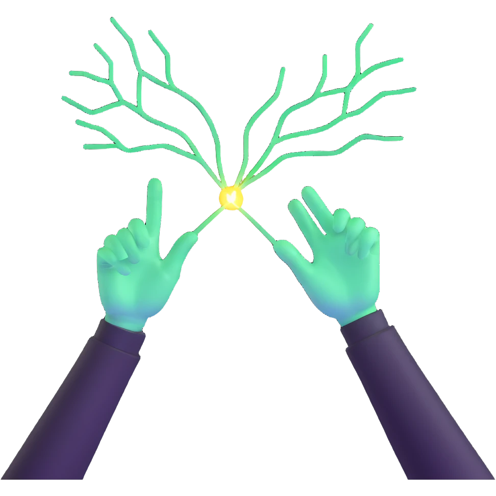 two hands reaching towards each other with glowing connection emoji