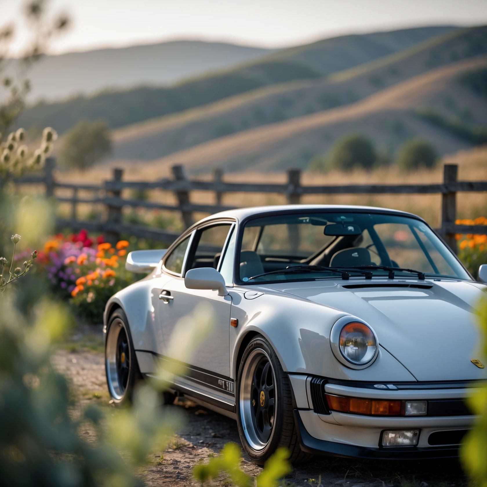 A portrait of a white person next to porsche 911 in the foreground, blurred plants in the foreground, a wooden fence and colorfull flowers in the midground, rolling hills in the background, cinematic depth of field, layered composition, natural lighting emoji