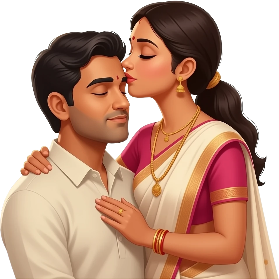 Wife kissing on forehead of sleeping husband lovingly Indian couple emoji
