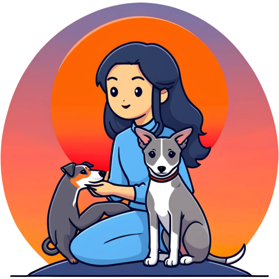 A very beautiful and attractive 25-year-old Chinese woman with long flowing black hair and a SOLID DARK GREY whippet sitting together during a beautiful sunset. The whippet MUST be COMPLETELY SOLID DARK GREY with ABSOLUTELY NO WHITE MARKINGS ANYWHERE - no white chest, no white face, no white paws, no white tip on tail - ENTIRELY ONE SOLID DARK GREY COLOR throughout the entire dog. Orange and red sunset sky in the background. emoji