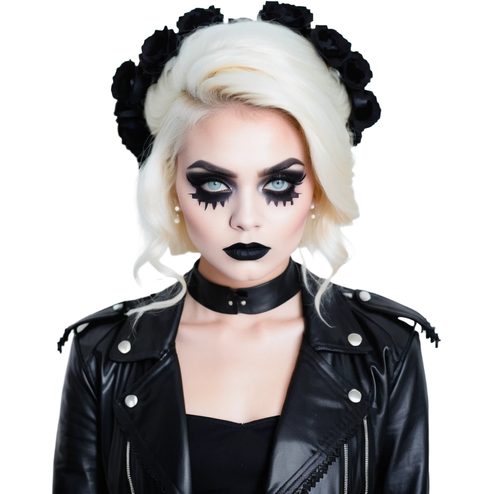 Chucky's bride with black lipstick, black dress, leather jacket, and smoky eye makeup emoji