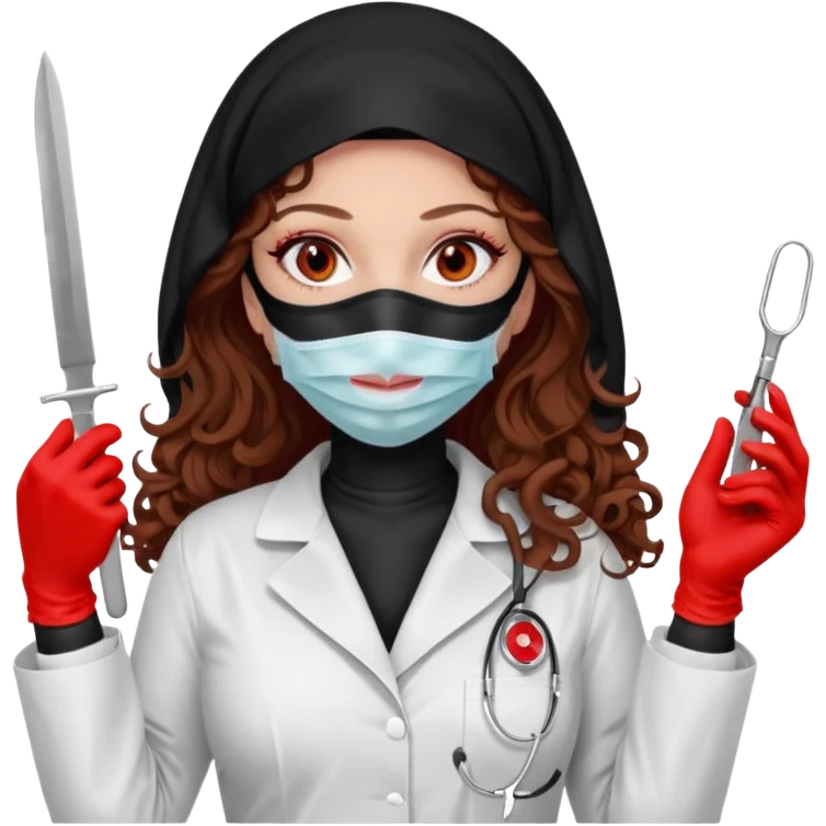 


Scary woman scalpel in hand, evil surgeon sexy surgeon clothes.  She has redcolored  eyes. Her  hair only is free ne brown long curly hair. Wears sexy doctor outfit with red gloves. make her wear full Muslim burka to mask and nose mouth mask  to hide. Wears white surgeon coat, wears  stilettos emoji