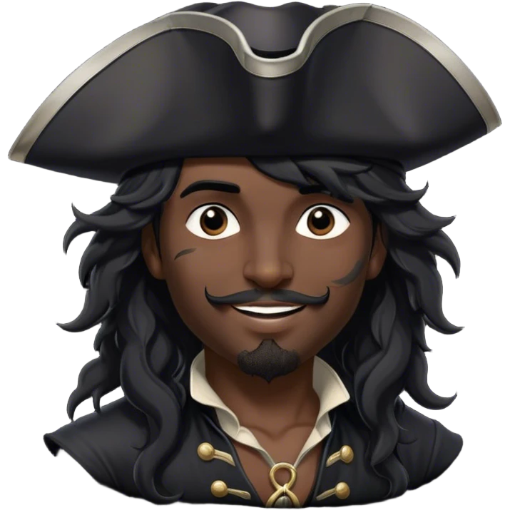 A charismatic pirate with wavy black hair tousled by the breeze. His silver-embroidered tricorn hat casts a shadow. He turns slightly, dark eyes glinting with mischief as he looks to the side, a knowing smile on his lips emoji