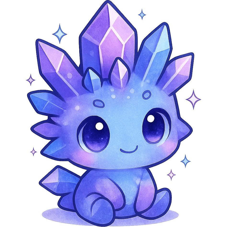 kawaii chibi style crystal sprite creature, purple, blue, and pink, sitting pose, cute and magical emoji