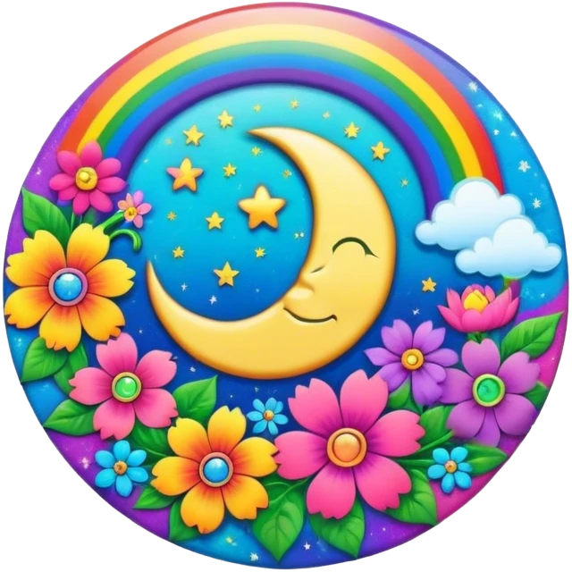 A round psychedelic colored button with a rainbow colored damask style moon and hippie flowers in the center emoji