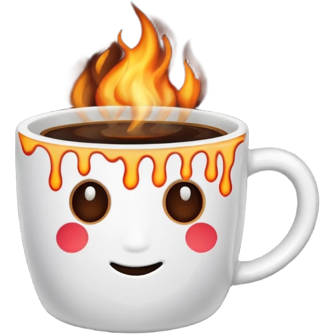A white mug with burning coffee emoji