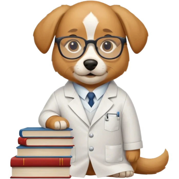 Wise dog with glasses, wearing a lab coat, perched on a stack of books. emoji
