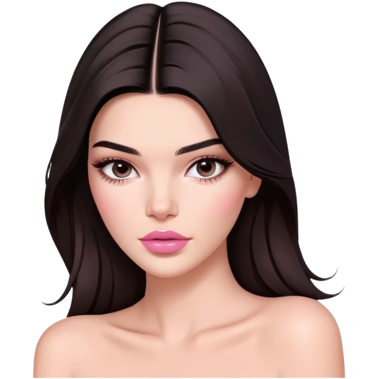 Kendall Jenner model, elongated face, long flowing dark hair, pink glossy lips, pink blush on cheeks, bare shoulders emoji