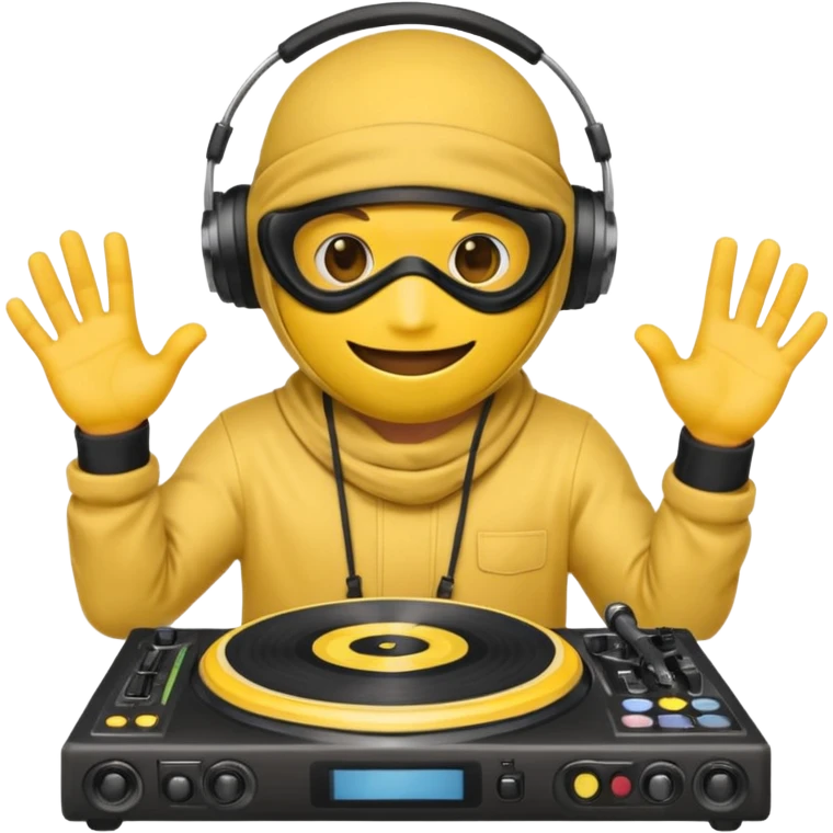 Make a customized yellow head emoji with hands and holding a dj turn table  in a  ninja face mask emoji