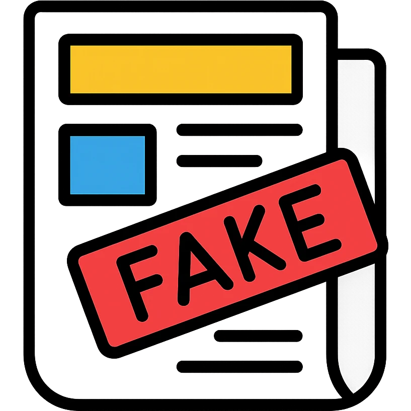 newspaper icon with a red 'FAKE' stamp across it emoji