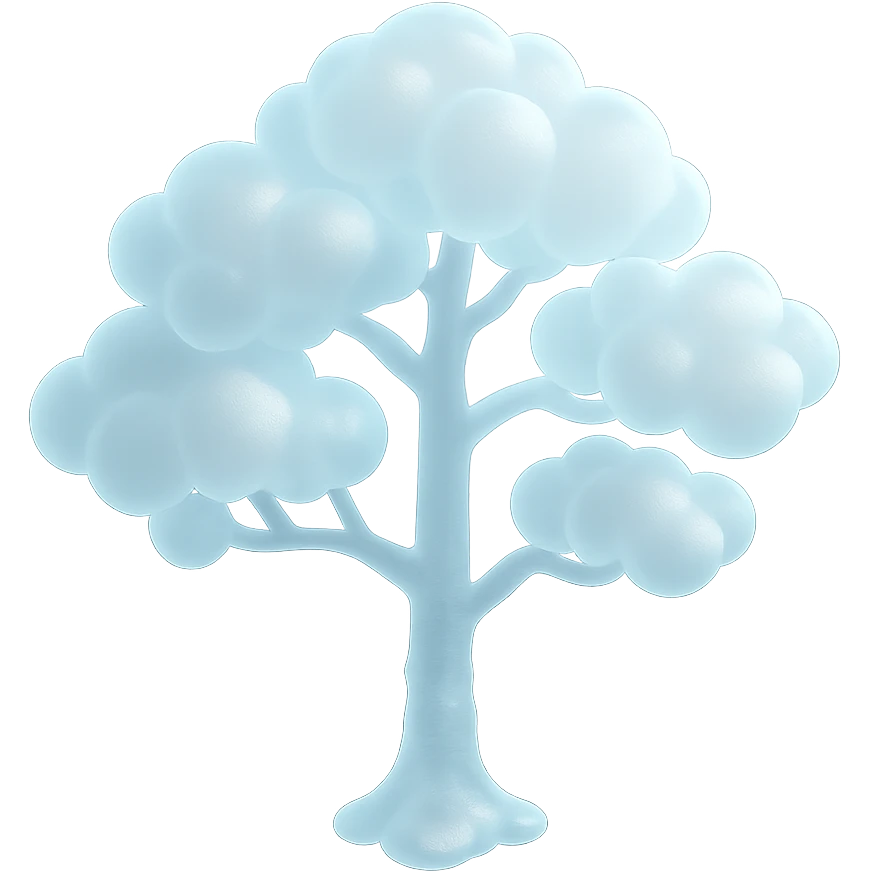 one tree with many branches, trunk made of small very bright white fluffy convex clouds, matte glass style emoji